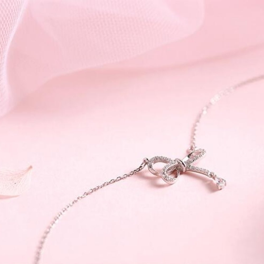 NEW 925 Sterling Silver Diamond Bow knot Necklace - Picture 10 of 11